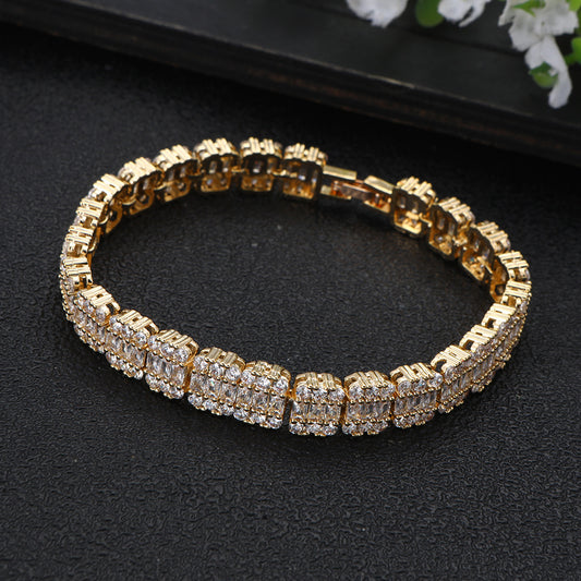 Real gold plated baguette stone statement bracelet in titanium steel with double-row crystal detailing