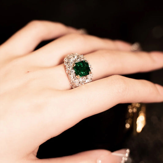Vintage Emerlad Diamond Ring (925 Sterling Silver)