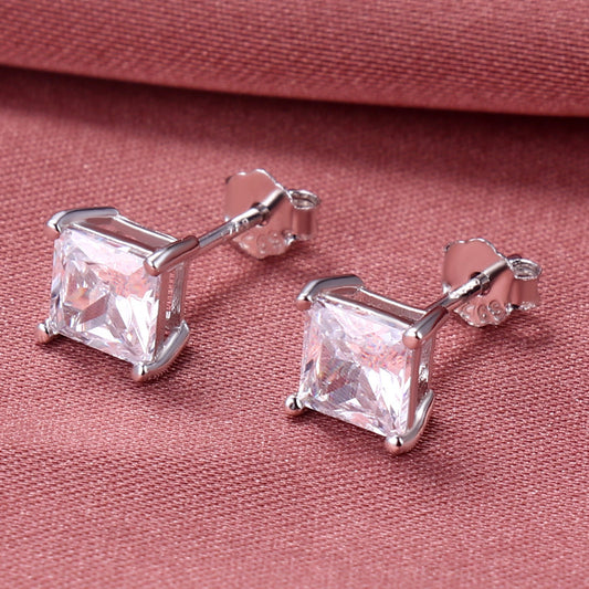 Silver Emerald Cut Earrings (925 Sterling Silver)