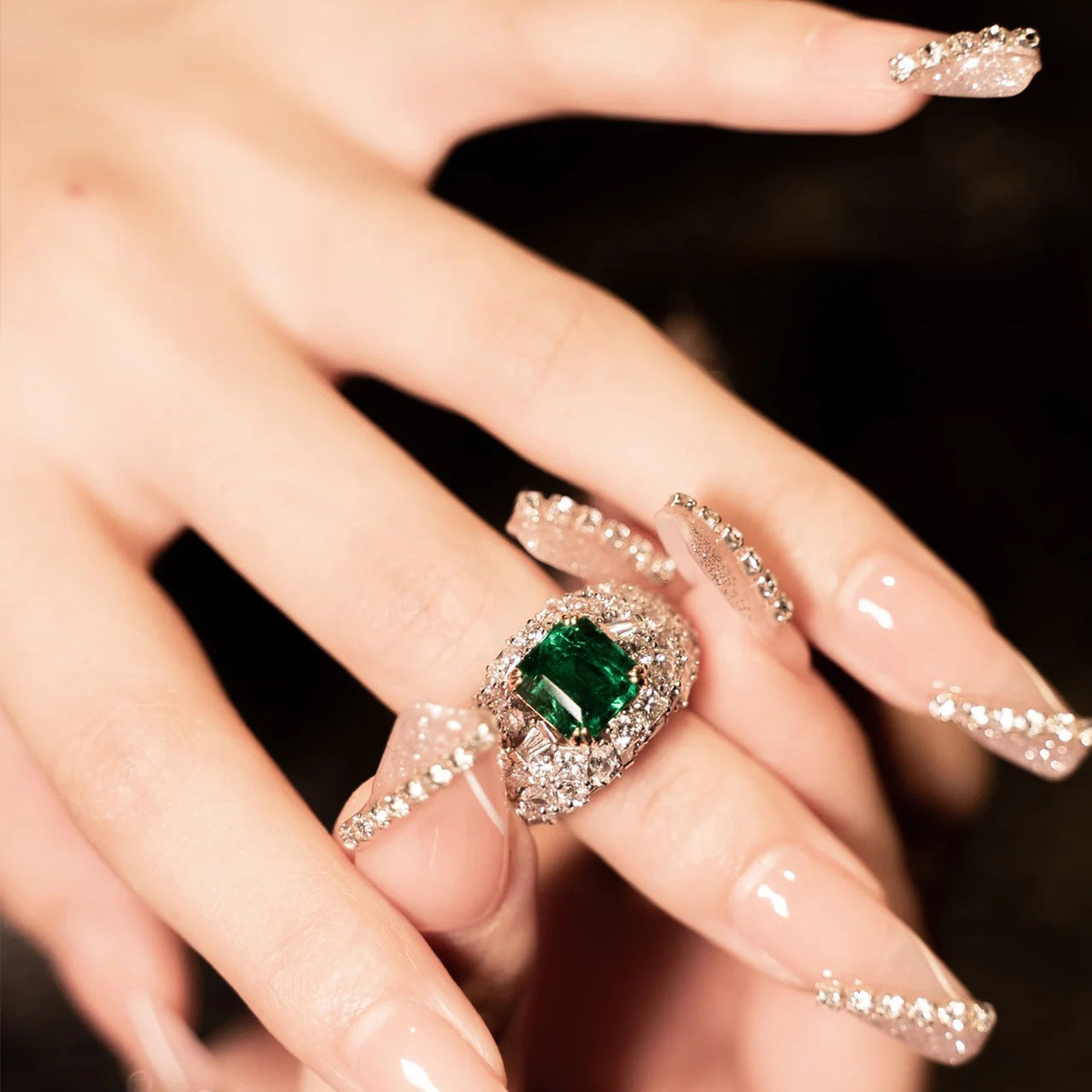 Vintage Emerlad Diamond Ring (925 Sterling Silver)