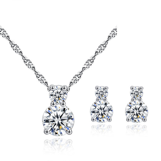 Double Drop Solitaire Necklace Set (925 Sterling Silver)