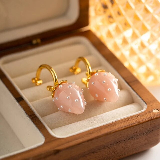 Pink Strawberry Earrings (925 Sterling Silver)