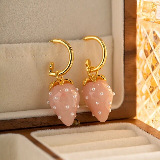 Pink Strawberry Earrings (925 Sterling Silver)