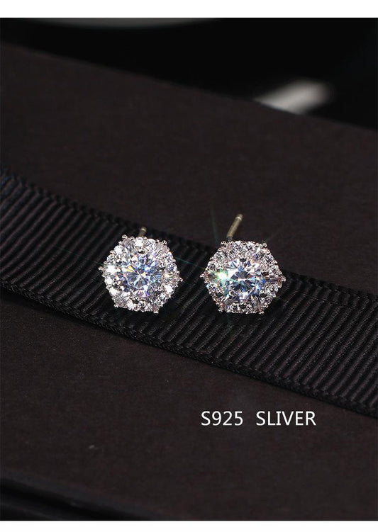 Hexagon Solitaire Earrings (925 Sterling Silver)