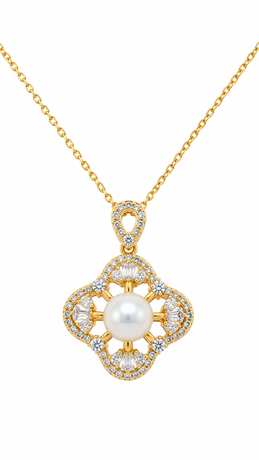 Elegant pearl & Diamond Floral Gold Necklace