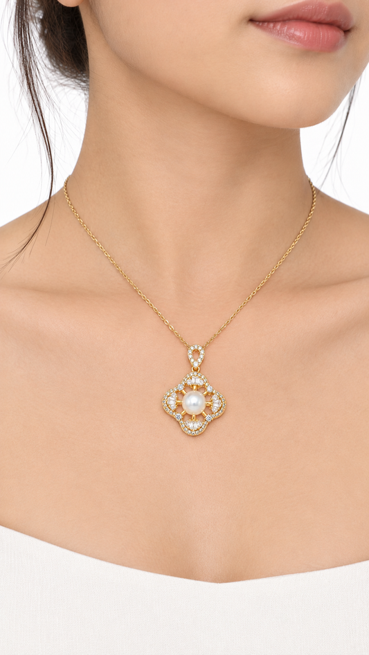 Elegant pearl & Diamond Floral Gold Necklace