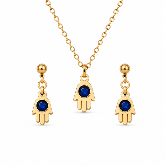 Blue Aura Hamsa Necklace Set (Titanium Steel)
