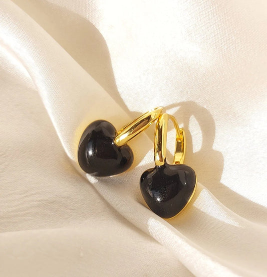 Heart Charm Earrings (BLACK)