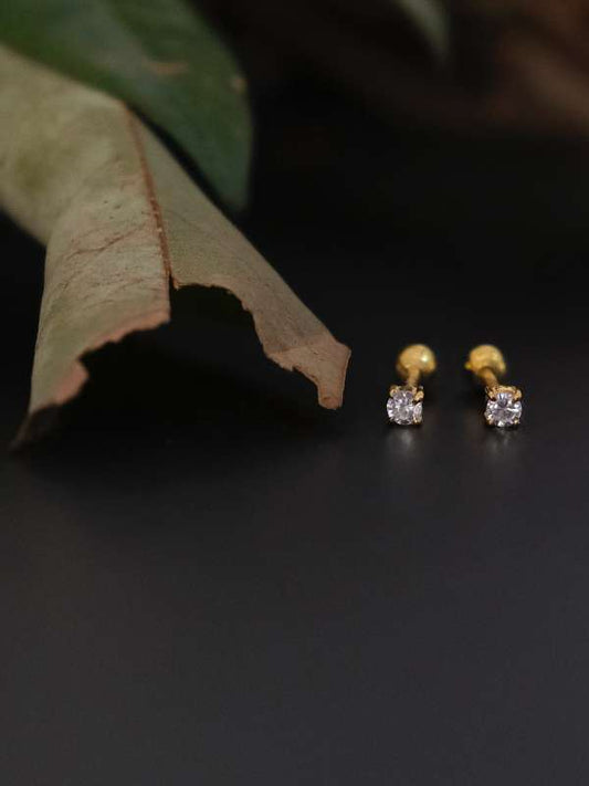 Gold earrings with clear gemstones on a dark surface with a leaf in the background