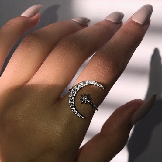 Crescent Moon & Star Adjustable Ring (Adjustable Size)