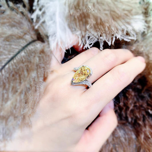 Yellow Tear Drop Ring (PURE SILVER WITH HALLMARKING)(Adjustable )