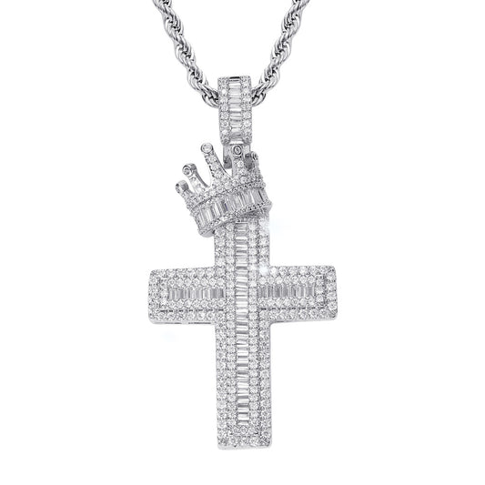 A powerful pendant combining a cross and a crown motif.
The cross is sleek and polished, symbolizing faith and strength.