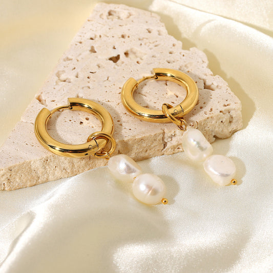 Chic fresh pearl drop earrings on hoops, ideal as a thoughtful gift for women.