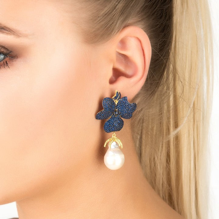 Baroque Pearl Sapphire Blue Flower Earrings – www.zewar.co
