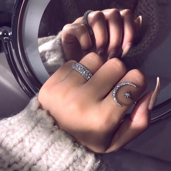 Crescent Moon & Star Adjustable Ring (Adjustable Size)