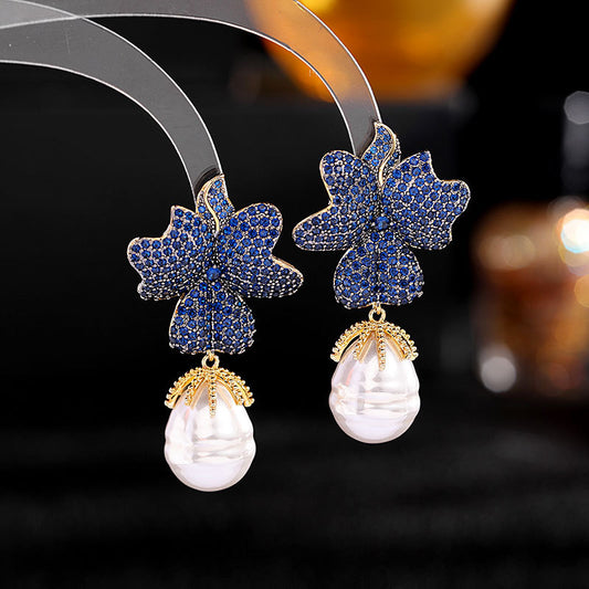 Baroque Pearl Sapphire Blue Flower Earrings