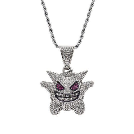 A bold pendant shaped like Gengar, the iconic Pokémon.
Crafted in polished metal, likely silver or white gold.