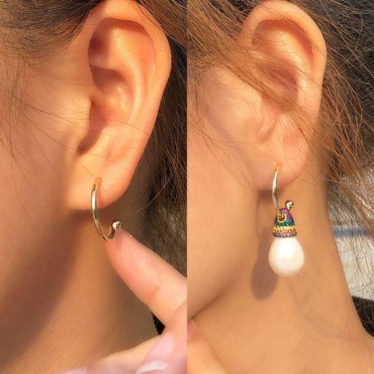 Multicolored Stone and Pearl Hoop Earrings