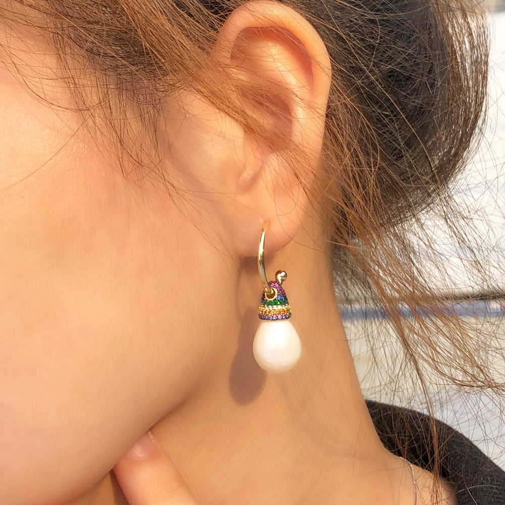 Multicolored Stone and Pearl Hoop Earrings