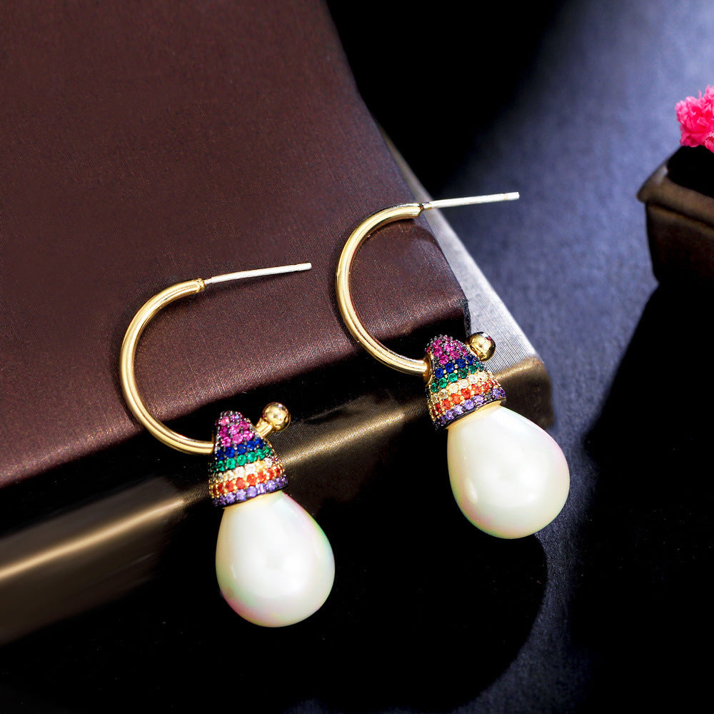 Multicolored Stone and Pearl Hoop Earrings