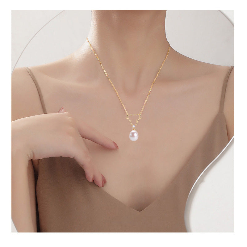 Gold Antler Pearl Drop Necklace  (925 Sterling Silver)
