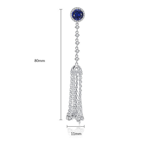 Sapphire Glow Silver Tassel Earrings