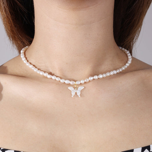 Dainty Butterfly Pearl Necklace