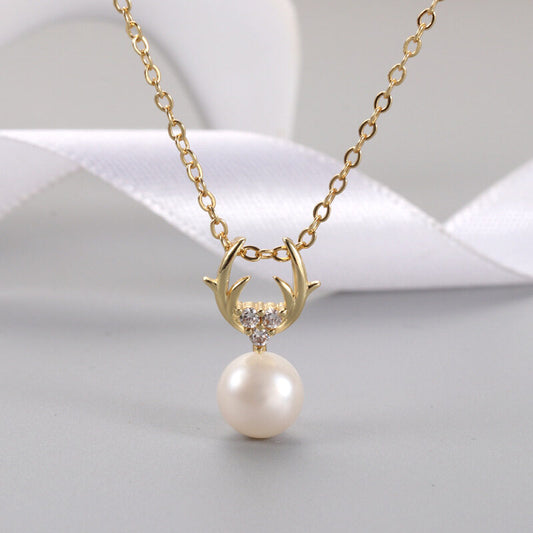 Gold Antler Pearl Drop Necklace  (925 Sterling Silver)