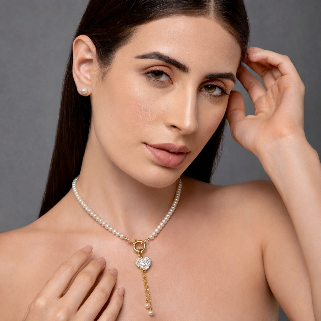 Diamond Heart & Natural Pearl Necklace