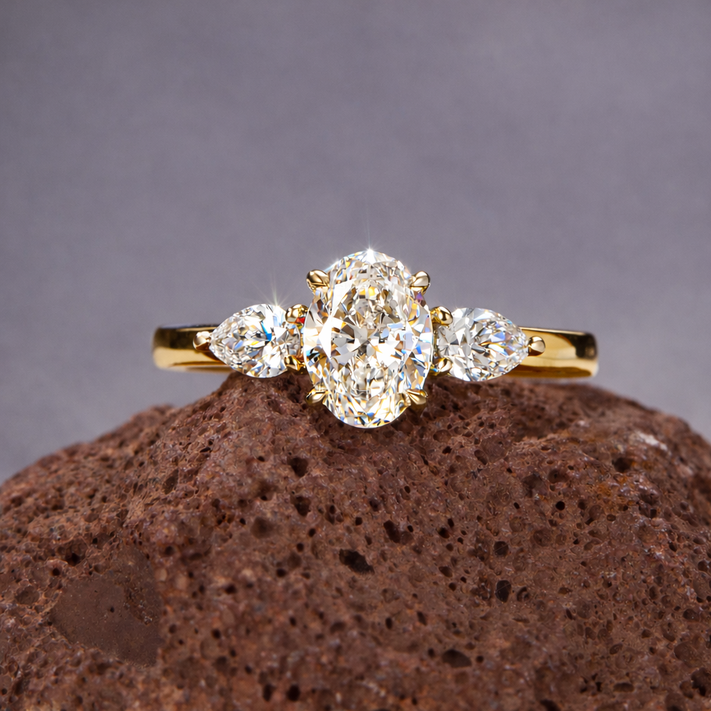 Oval Radiance Three-Stone Gold Ring
