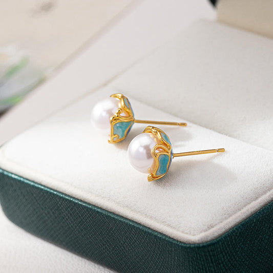 Pearl Stud Earrings with Enamel Detailing