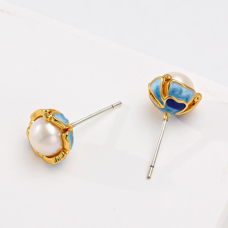 Pearl Stud Earrings with Enamel Detailing