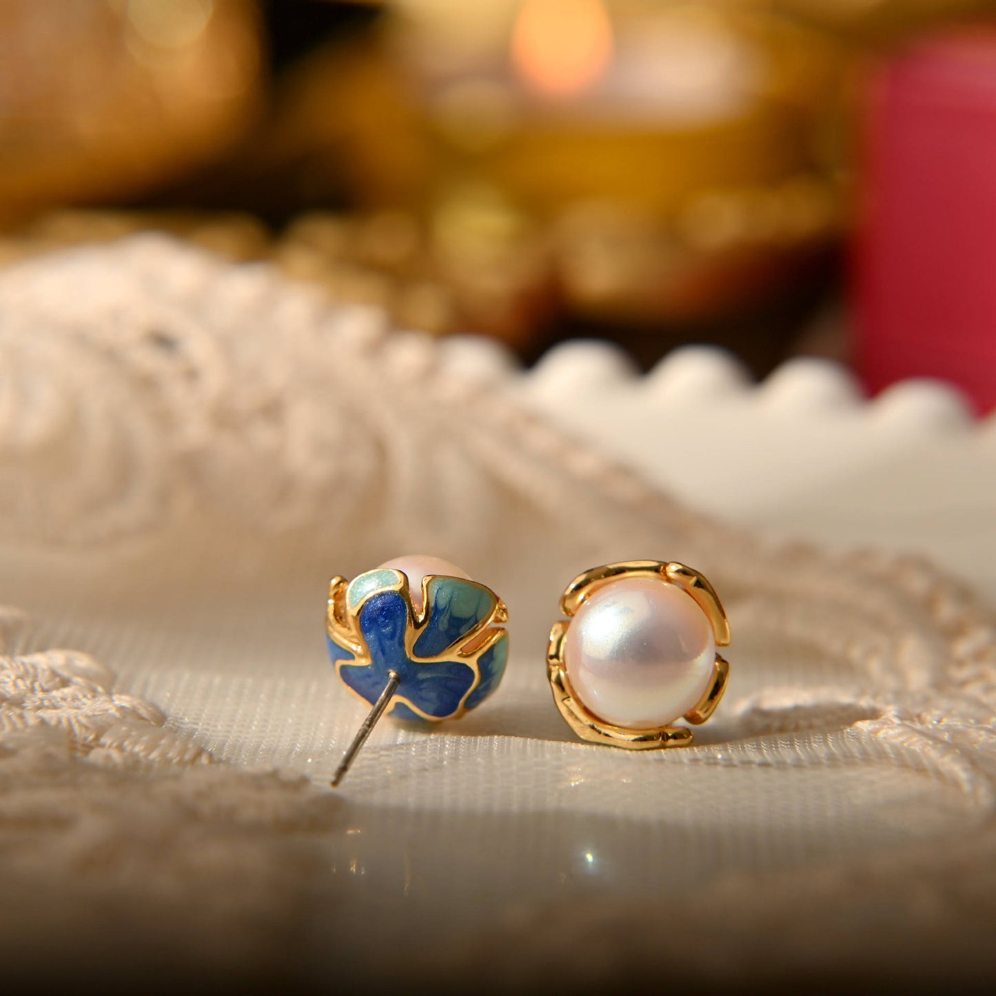 Pearl Stud Earrings with Enamel Detailing