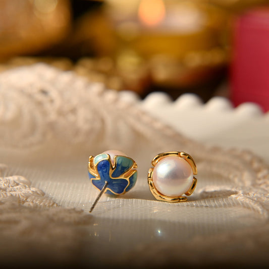 Pearl Stud Earrings with Enamel Detailing