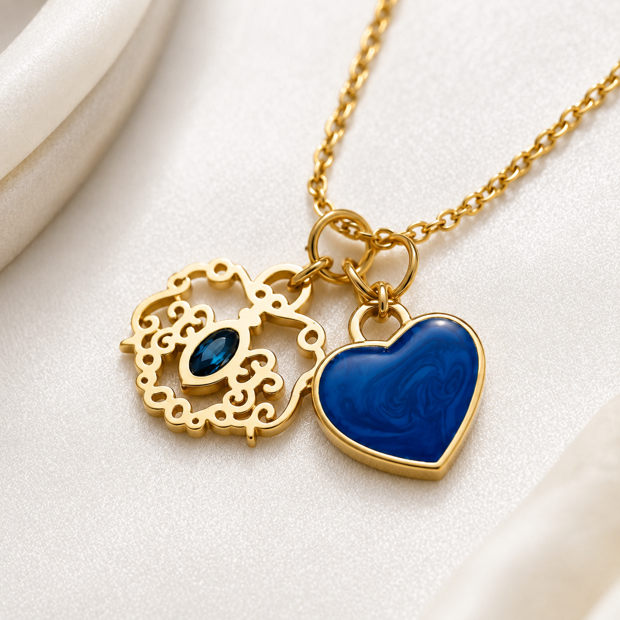 Azure Heart Charm Duo Necklace (Titanium Steel)