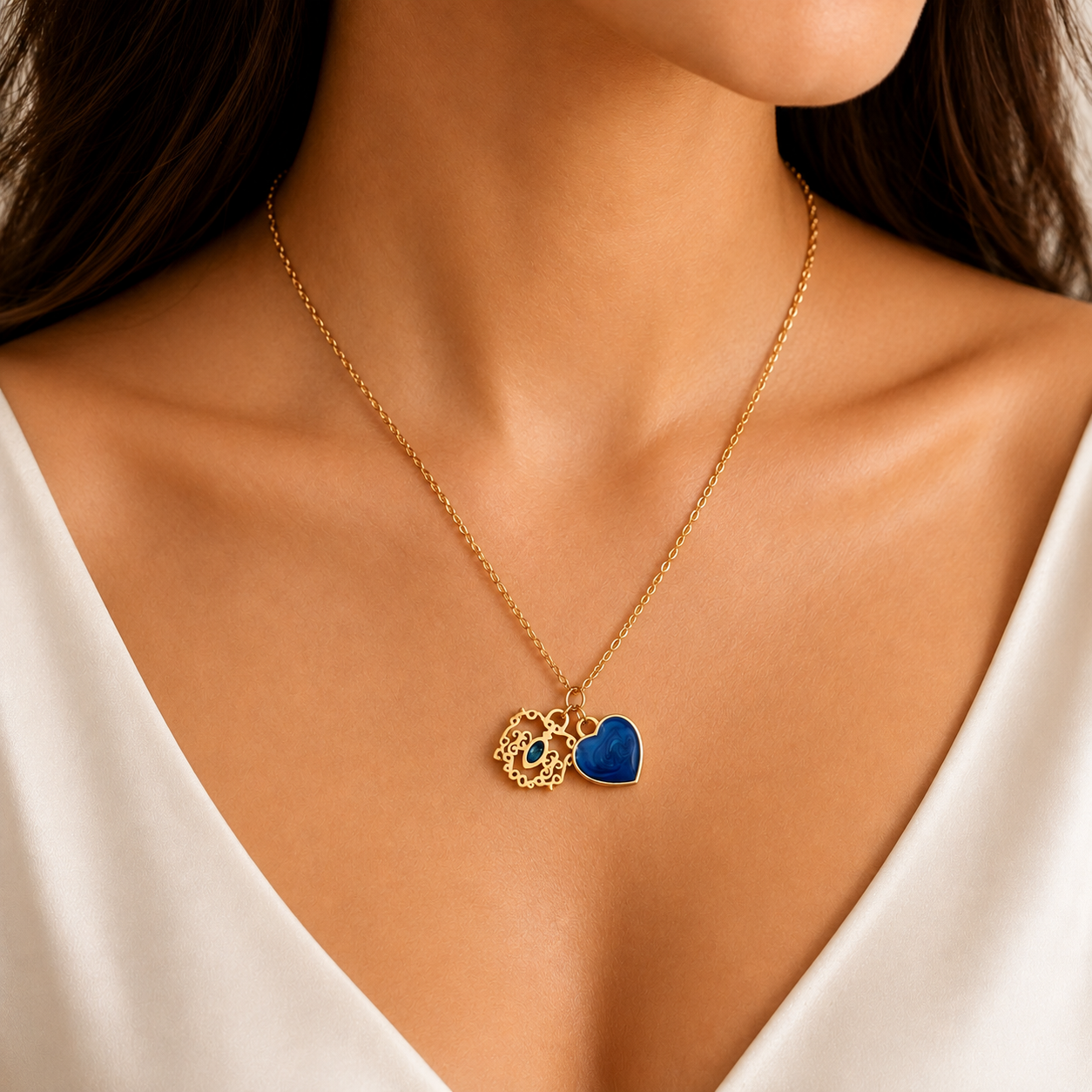 Azure Heart Charm Duo Necklace (Titanium Steel)