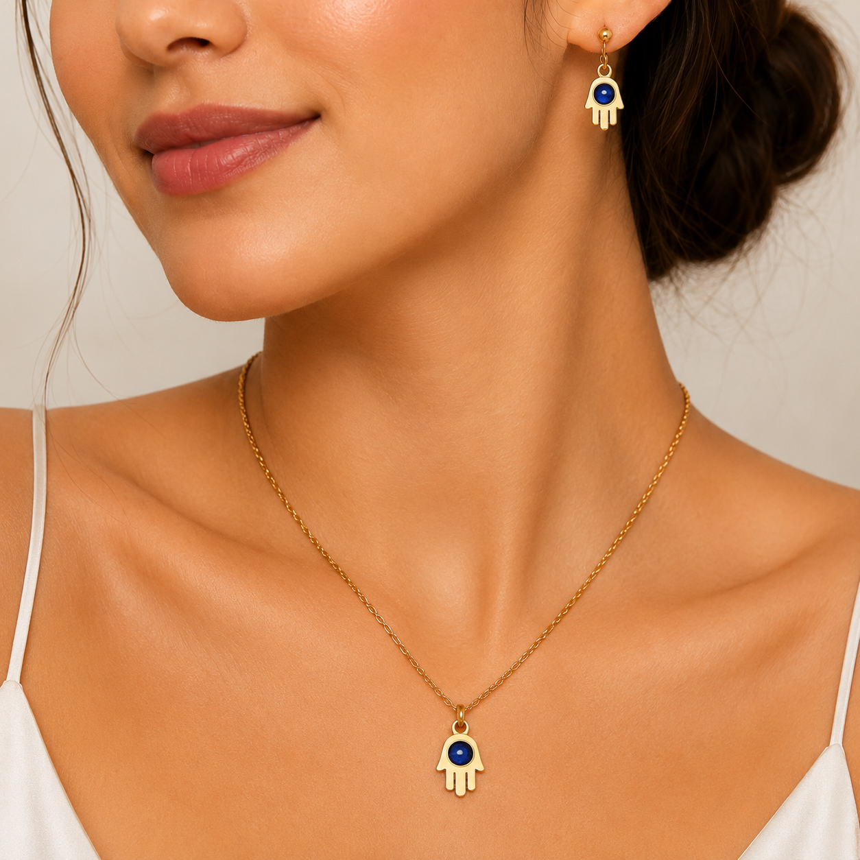 Blue Aura Hamsa Necklace Set (Titanium Steel)