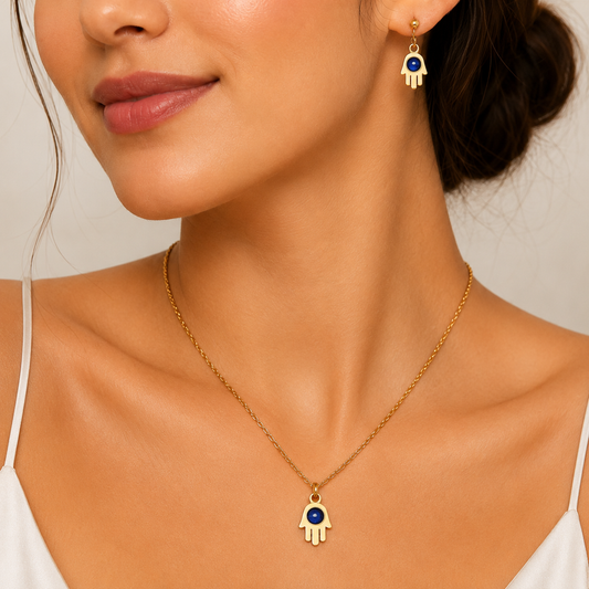 Blue Aura Hamsa Necklace Set (Titanium Steel)