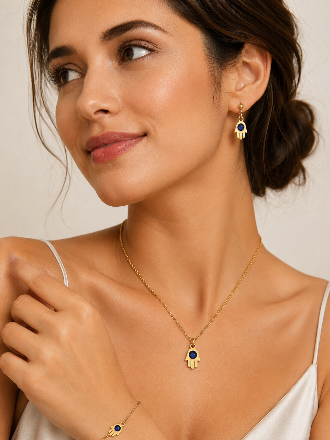 Blue Aura Hamsa Necklace Set (Titanium Steel)