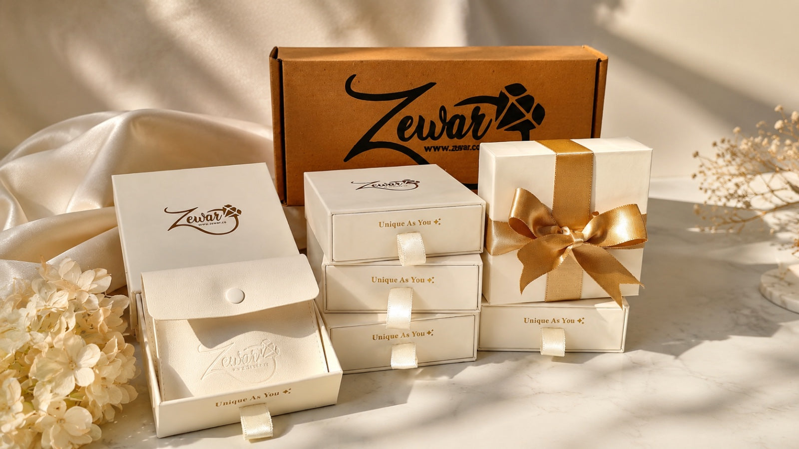 Zewar gift boxes with gold ribbon