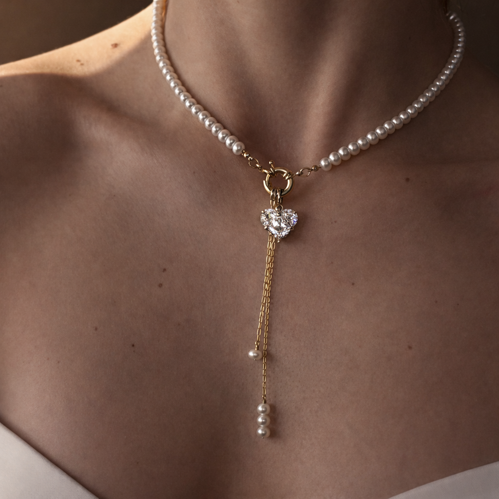 Diamond Heart & Natural Pearl Necklace