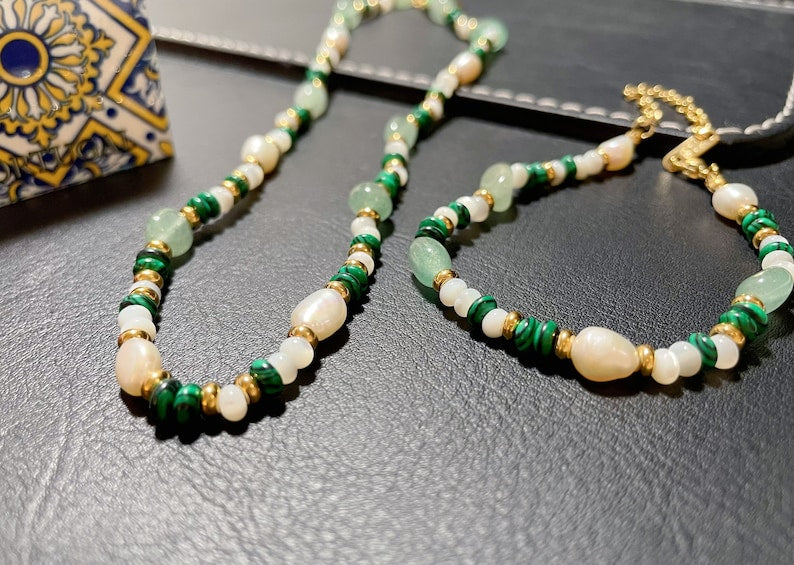 Emerald Pearl Glow Necklace + Bracelet Set