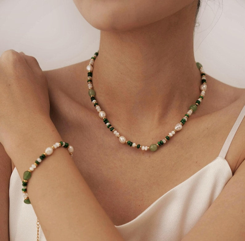 Emerald Pearl Glow Necklace + Bracelet Set