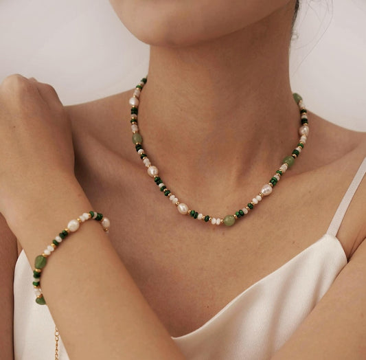 Emerald Pearl Glow Necklace + Bracelet Set