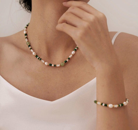 Emerald Pearl Glow Necklace + Bracelet Set