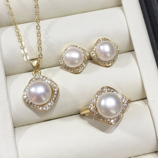Classic Pearl Necklace Set with Adjustable Ring (925 Sterling Silver)