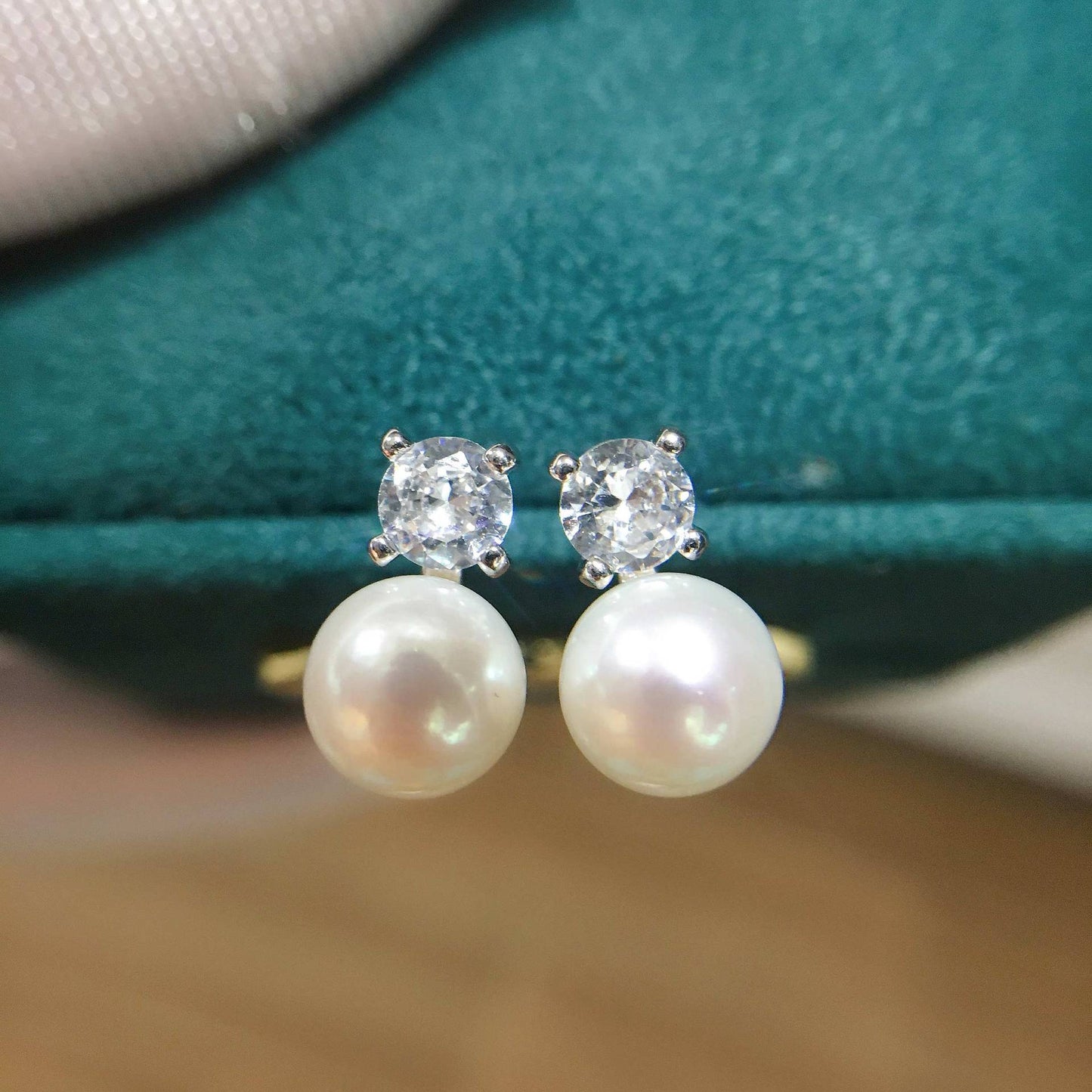 Tiny Pearl and Solitaire Earrings (925 Sterling Silver)