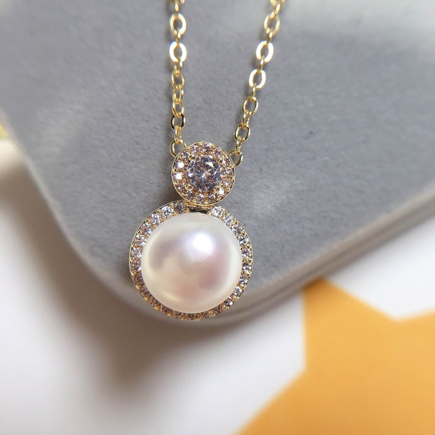 Tiny Drop Crystal and Pearl Necklace  (925 Sterling Silver)