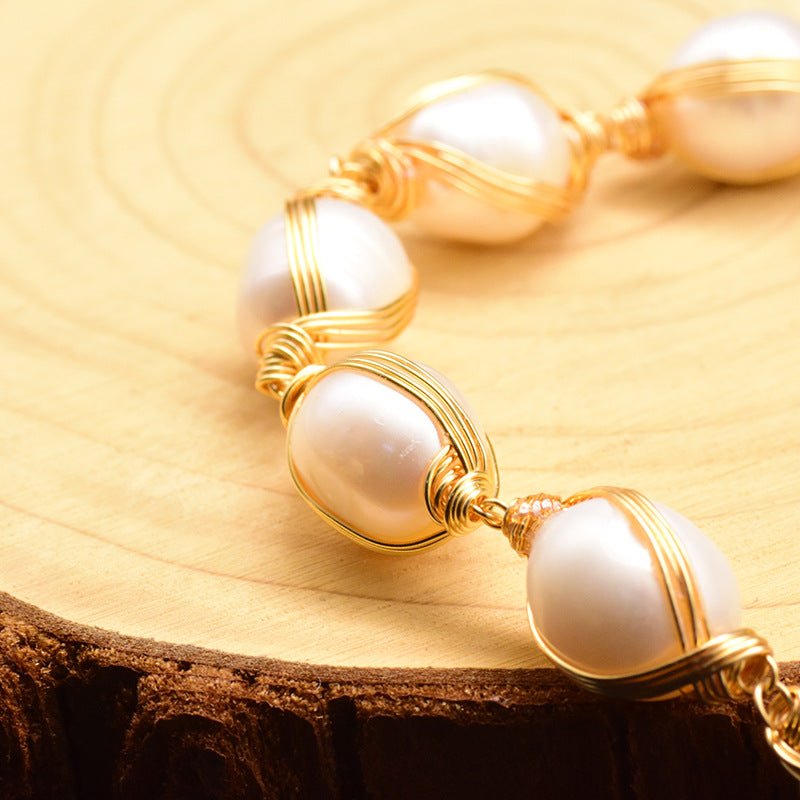 Woven Gold Wire Pearl Bracelet
