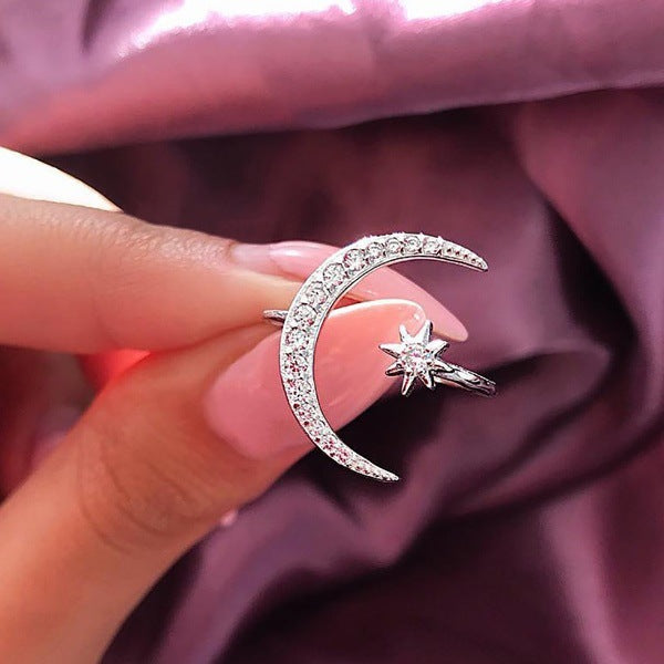 Crescent Moon Star Adjustable Ring (Adjustable Size)